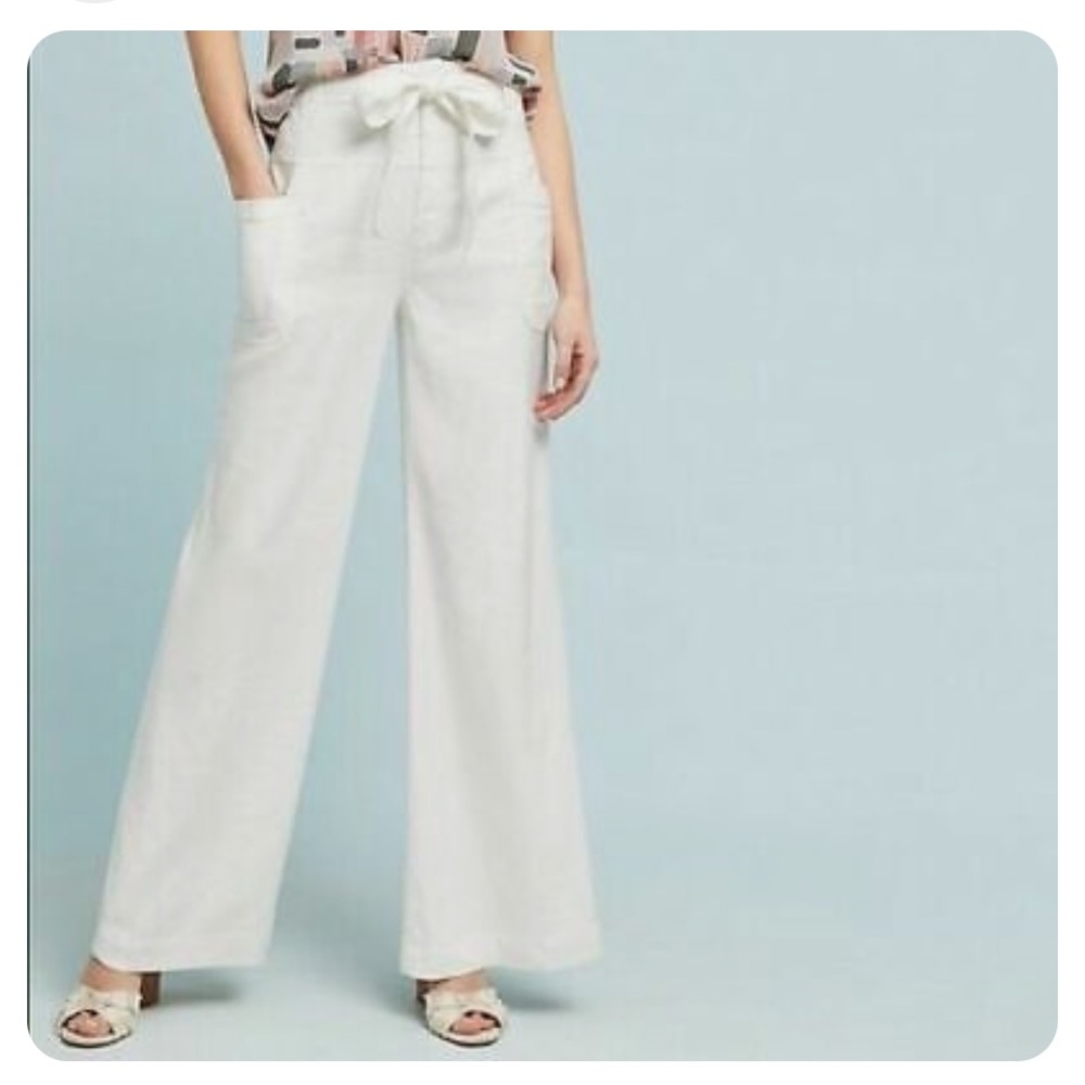 Beautiful Anthropologie White Tie-Waist Wide Leg Linen Trousers